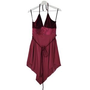 Sirens Y2K Babydoll Halter Top Womens Small Burgundy Velvet Chiffon Fairy Grunge